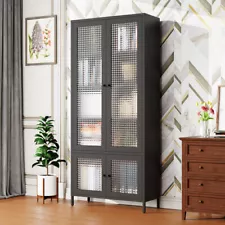 Large Metal Storage Cabinet w/ 4 Glass Doors&5 Shelves Black Waffle-Grids Design