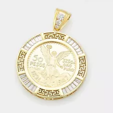 14K Gold Plated Mexican Centenario Moneda 50 Pesos CZ Pendant Medal