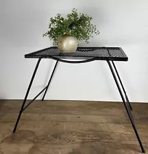 Vintage Wrought Iron Patio Table Wire Mesh Stand MCM Side Table Black 17"H Retro