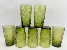 7 Vintage Anchor Hocking Milano Green Tumblers 5 3/4" Tall Drinking Glasses