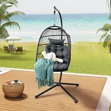 Wicker Hanging Egg Chair w/Stand Hammock for Patio Garden Swing Chair Cushion