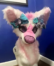 Cotton candy Pink White husky Dog Furry Fur suit Fursuit Head Cosplay Costume