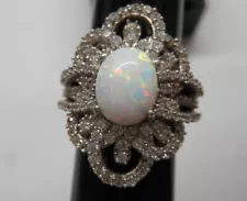 VINTAGE JD DESIGNER OPAL AND CLEAR STERLING SILVER .925 WOMEN'S RING 6.25 SIZE