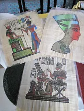 3 Vintage Egyptian Art on Papyrus~Hand Painted 12" x 16"