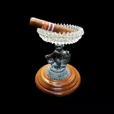 Antique Mermaid Riding Fish Cigar Ashtray Crystal Brass Oak base 8" tall