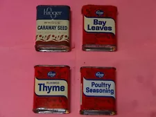 Vintage Lot of 4 Kroger Spice Tins: Bay Leaves, Caraway Seeds, Thyme & more