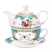 English Porcelain Tea for One Set Floral Teapot with Cup Blue Tea Cup and Sau...