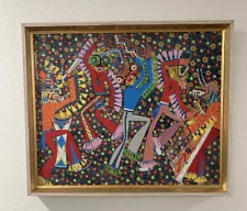 1976 Framed Acrylic Painting, Nicolas Rivas Venezuelan Visionary Art, Carnival