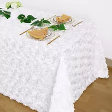 White 3D Floral Satin Raised Rosettes Tablecloth Rectangular 90x132 Inches Ro...