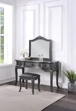 Antique Bedroom Vanity Set w Stool Grey Color Drawers Mirror Wooden Desk