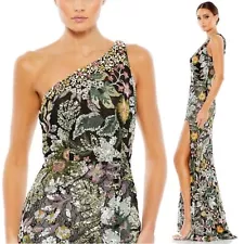 Mac Duggal 49574 Size 12 Embellished Floral One Shoulder Thigh Slit Gown, Black