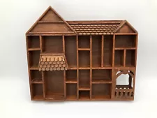 Vintage Wooden Shelf House Shaped Knick Knack Curio Display 15" x 13" 20 Cubbies