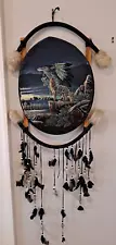 Vintage Hand Painted Velvet Native American Wolf Dreamcatcher - LARGE