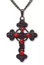 SALE! Gothic Black Filigree Cross with Red Stones Pendant Necklace NKB-379