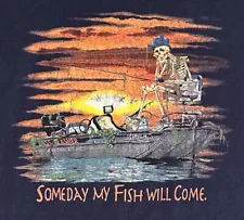 New ListingSomeday My Fish Will Come Jerzees DK Navy T-Shirt Skeleton Jon Boat Men’s Large