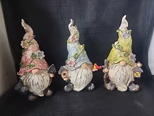 Gnome Gardening Figure Statue Flowers Lantern Shovel Bird Set Of 3