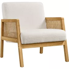 Boucle Accent Chair Rattan Sides, Armchair for Living Rooms Bedroom Ivory Used