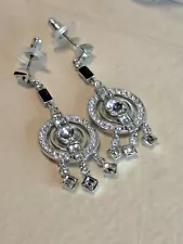 Vtg Signed Swarovski Swan 2014 Crystal Dangle Chandelier Pierced Art Deco Bridal