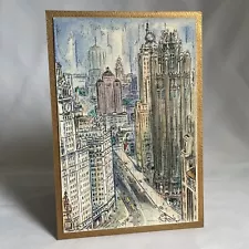 Vtg MCM Original Diana Weber Ink & Watercolor Painting Chicago Michigan Ave