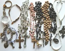 Vtg Rosary Lot Repair Parts Pink Glass Wood Beads Medals Crucifix Charms