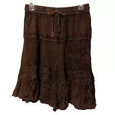 Flower Knee Length Skirt One Size Brown Metallic Gypsy Boho Embroidered Flowy