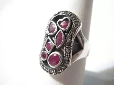 RETRO UNIQUE LARGE STERLING SILVER ROUGH CUT RUBIES & MARCASITES RING - SZ 7.75