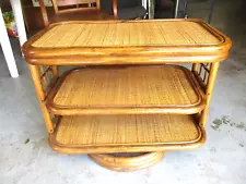 1960s Vintage BAMBOO SERVING TABLE Swivels 3-Shelves Rattan Frankl Fitz Reed