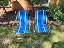 Vintage Pair Zip Dee Blue Stripe Folding Lawn Chair Retro RV Airstream Wood MCM