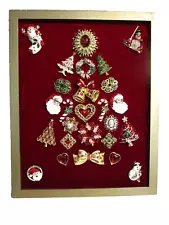 Vintage Jewelry Art Framed Christmas Tree 15" x 12" Red Velvet Background