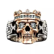 Gothic Skull Crown Pattern Ring for Men Cz Zircon Punk Skull King Silver Plate P