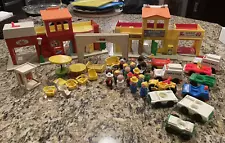 Fisher Price Play Family Village Police Fire Station Barber Shop Garage w/39 pcs