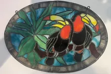 Colorful Oval Stained Glass Sun Catcher Toucan Birds 16”x11” SALE!