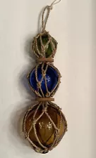 3 Blown Glass Fishing Buoy's Vintage Green, Blue, Amber Manila Rope 19”