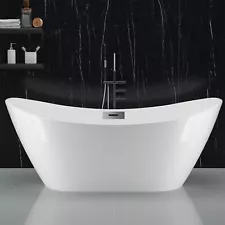 67“ Freestanding Bathtub, White Acrylic Streamline Stand Alone Soaking Bath T...