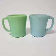 MCM LOT of 2 Fire King Jadeite & Turquoise Blue Glass D Handle 8 Oz COFFEE MUGS