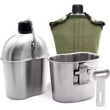 ELK Stainless Steel Military Canteen and Cup Set with Green Cover for Camping