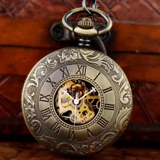 Vintage Hand-winding Mechanical Steampunk Skeleton Pocket Watch Fob Chain Retro