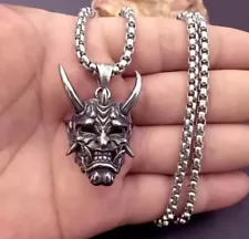 Stainless Steel Japanese Devil Pendant Necklace Satan Horns Head Occult Baphomet