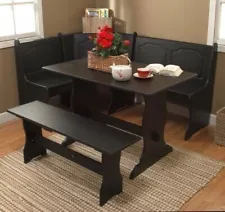 3 pc Black Wooden Breakfast Nook Dining Set Corner Booth Bench Kitchen Table