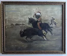 Vintage Oil Painting Indians Hunting Buffalo