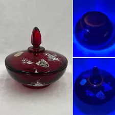 Fenton Glass Red Finial Lidded Candy Dish Hand Painted Signed - UV Cadmium Glow