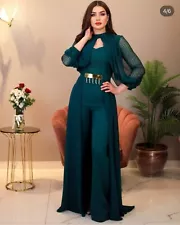 A 3-piece green jumpsuit for evening wear, distinctive for long women, eye-catch