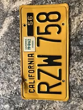 Vintage California License Plate 1956