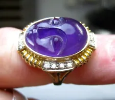 Museum Vintage Designer 14k Gold VS Diamond Huge Carved Lady Head Amethyst Ring
