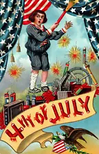 4th Of July Firecracker Fireworks Postcard Boy Eagle American Flag