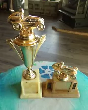 2 VINTAGE MIDGET CAR RACING TROPHIES 12" tall x 4" w & 5 1/2" tall x 5 1/2" w