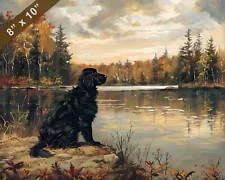 Flat Coated Retriever by a Lake Dog Painting 8x10 Print