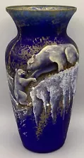 Fenton Art Glass OOAK J.K. Spindler Polar Bears Hand Painted on Cobalt Vase