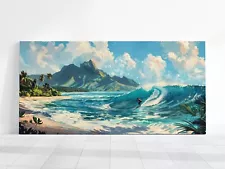 Surfing Art Print, Hawaii Beach Surfer, Surfing Painting, Large Waves Ocean Art