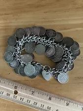 New ListingAntique Vintage Old English Sterling Silver Padlock 3 Pence Coin Charm Bracelet